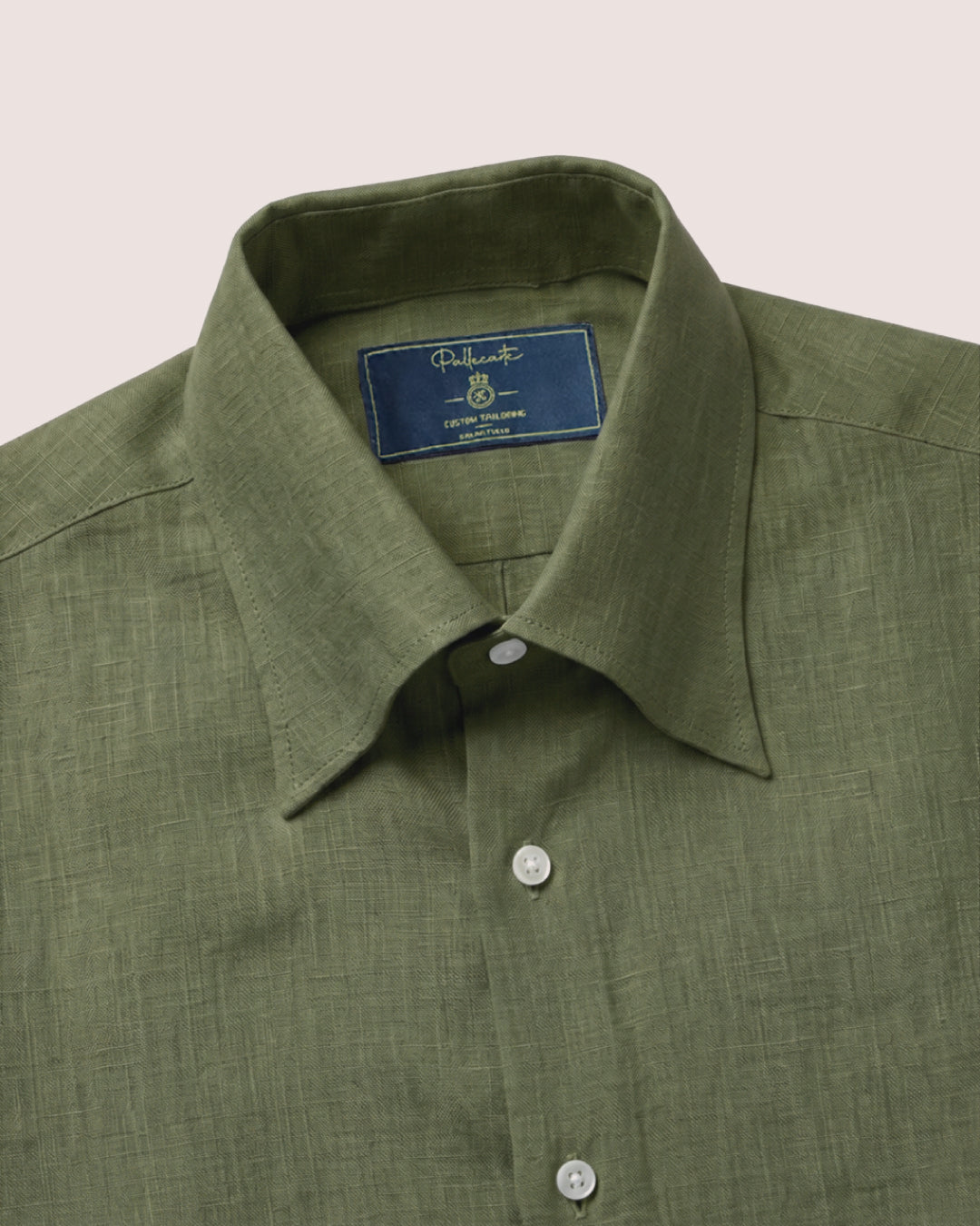 Olive Green Linen Shirt Hidden Button Collar
