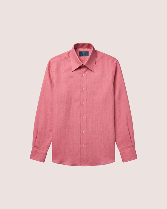 Red Pink Linen Shirt Hidden Button Collar