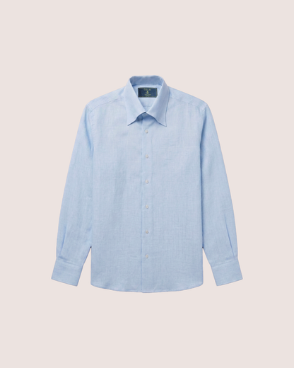 Light Blue Linen Shirt Hidden Button Collar