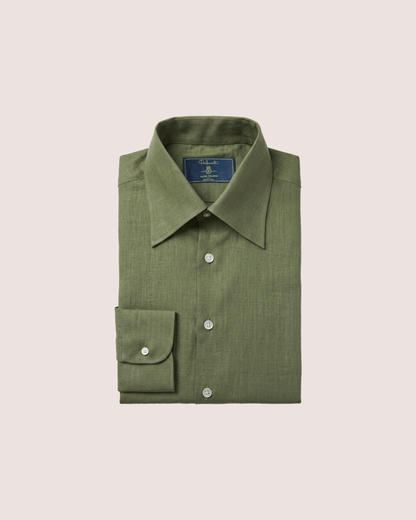 Olive Green Linen Shirt Hidden Button Collar