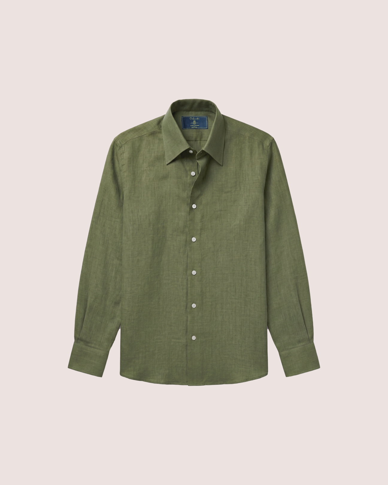 Olive Green Linen Shirt Hidden Button Collar