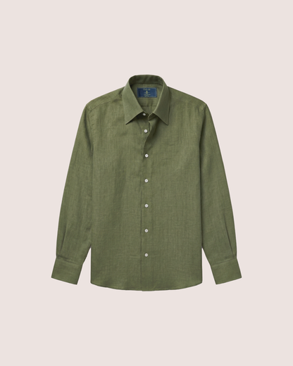 Olive Green Linen Shirt Hidden Button Collar