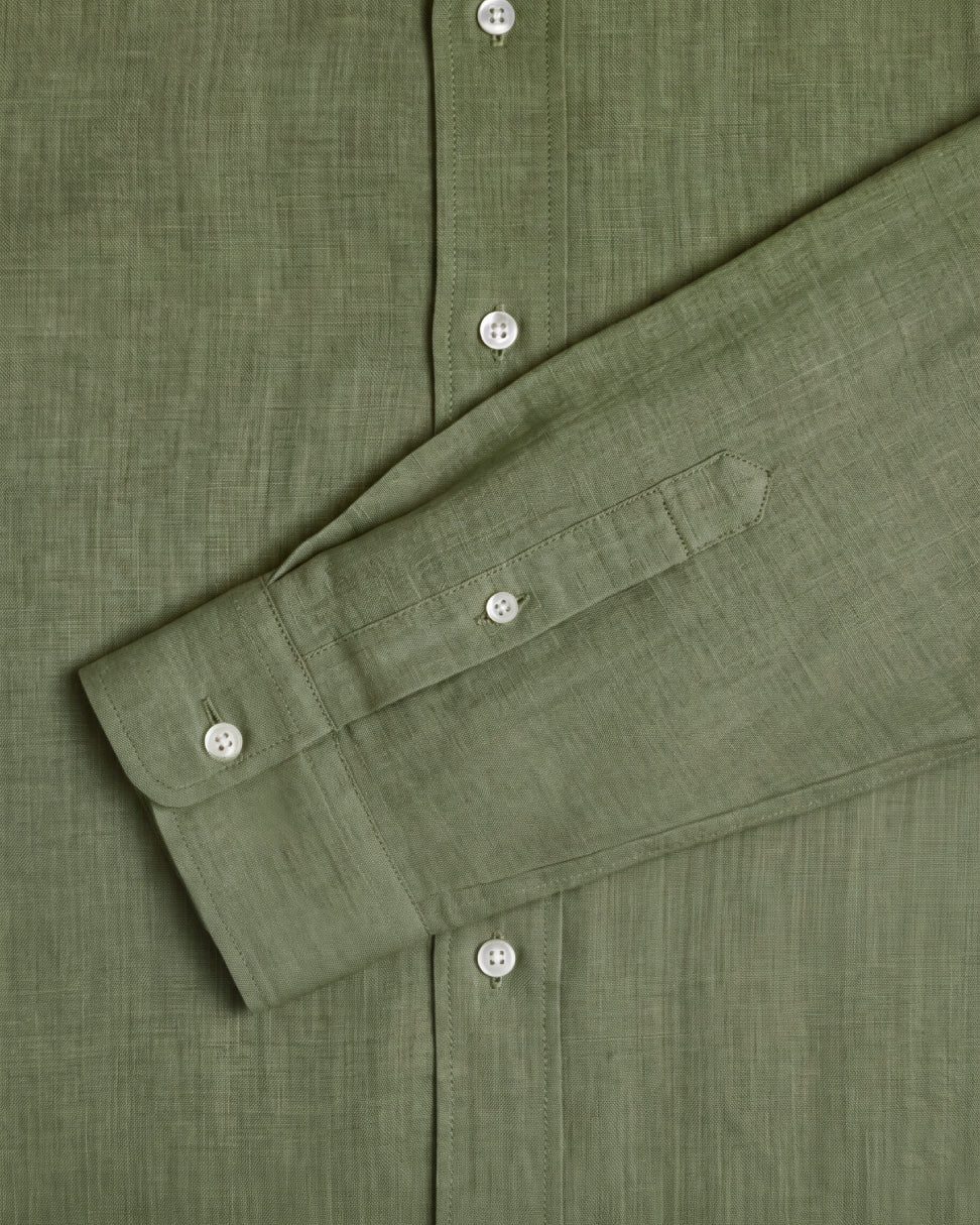 Olive Green Linen Shirt Hidden Button Collar