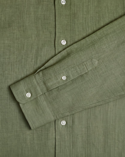 Olive Green Linen Shirt Hidden Button Collar
