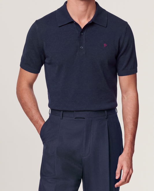 Knitted Polo Shirt Navy Cotton