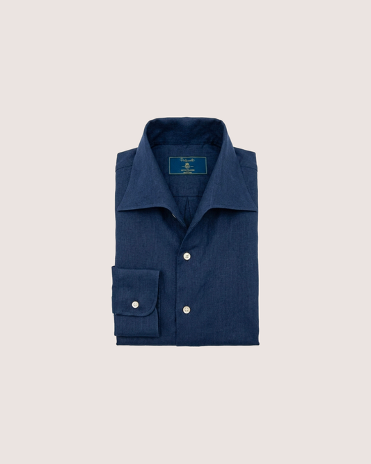 Navy Blue Linen Shirt One-Piece Collar