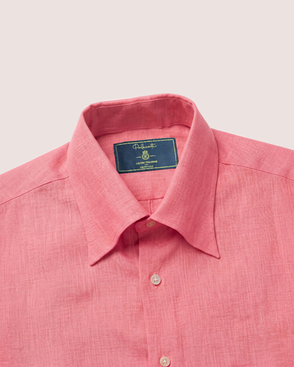 Red Pink Linen Shirt Hidden Button Collar