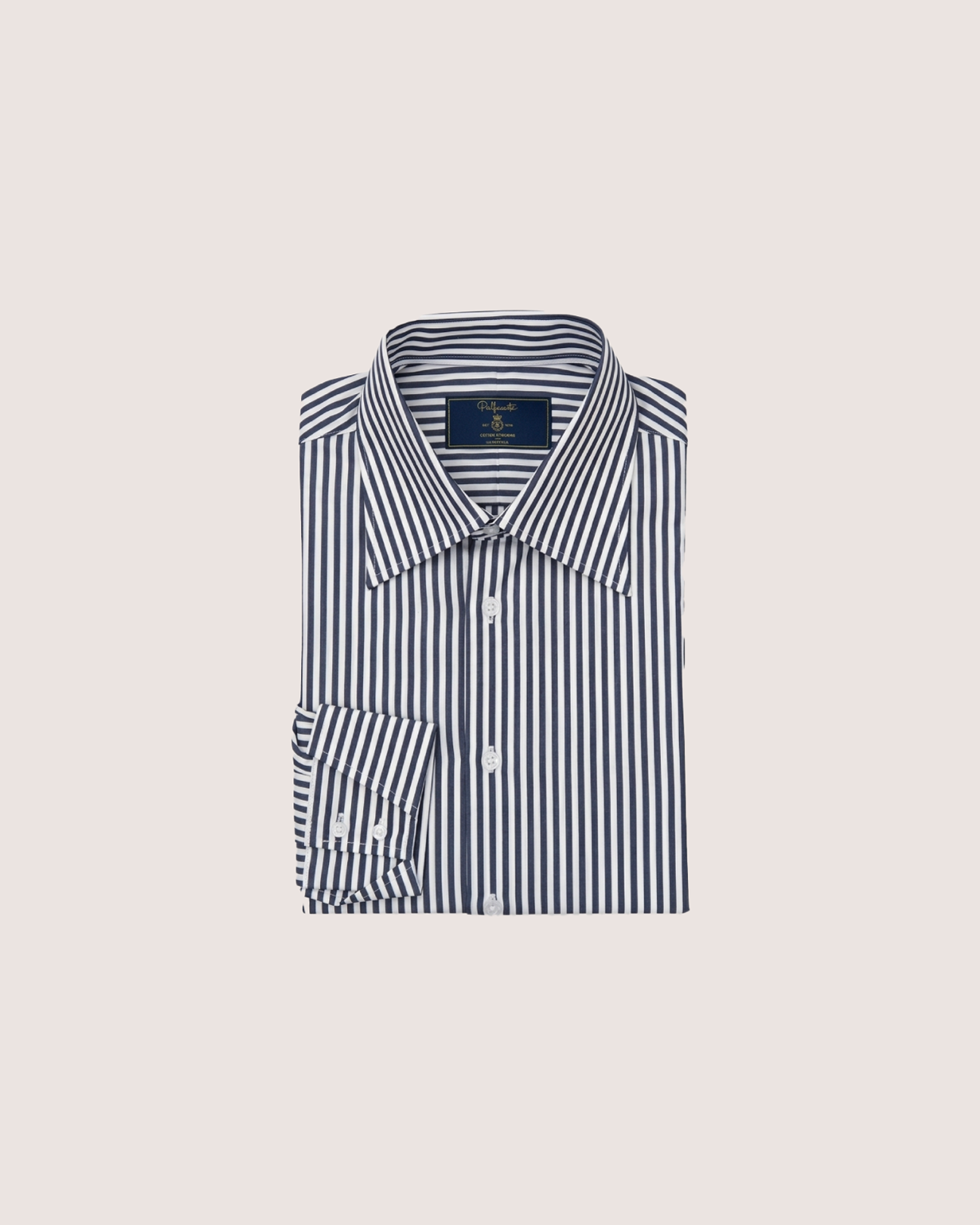 Dark Navy Striped Cotton Shirt Hidden Button Collar