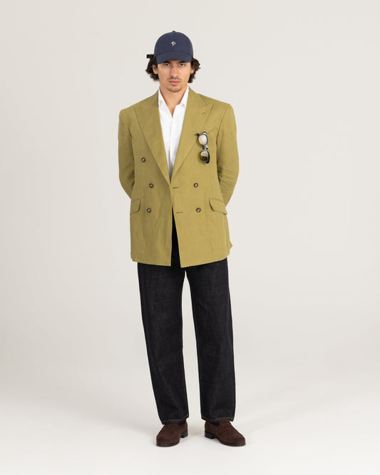 Double Breasted Blazer Olive Green Linen