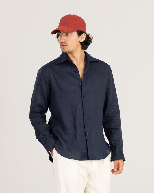 Navy Blue Linen Shirt One-Piece Collar